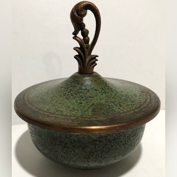 Antique Vintage Green Verdigris Enamel Bronze Cover Bowl Carl Sorensen