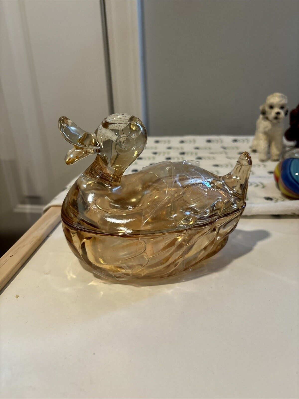 Vintage Carnival Glass  Jeanette Trinket Box Duck Iridescent Jar