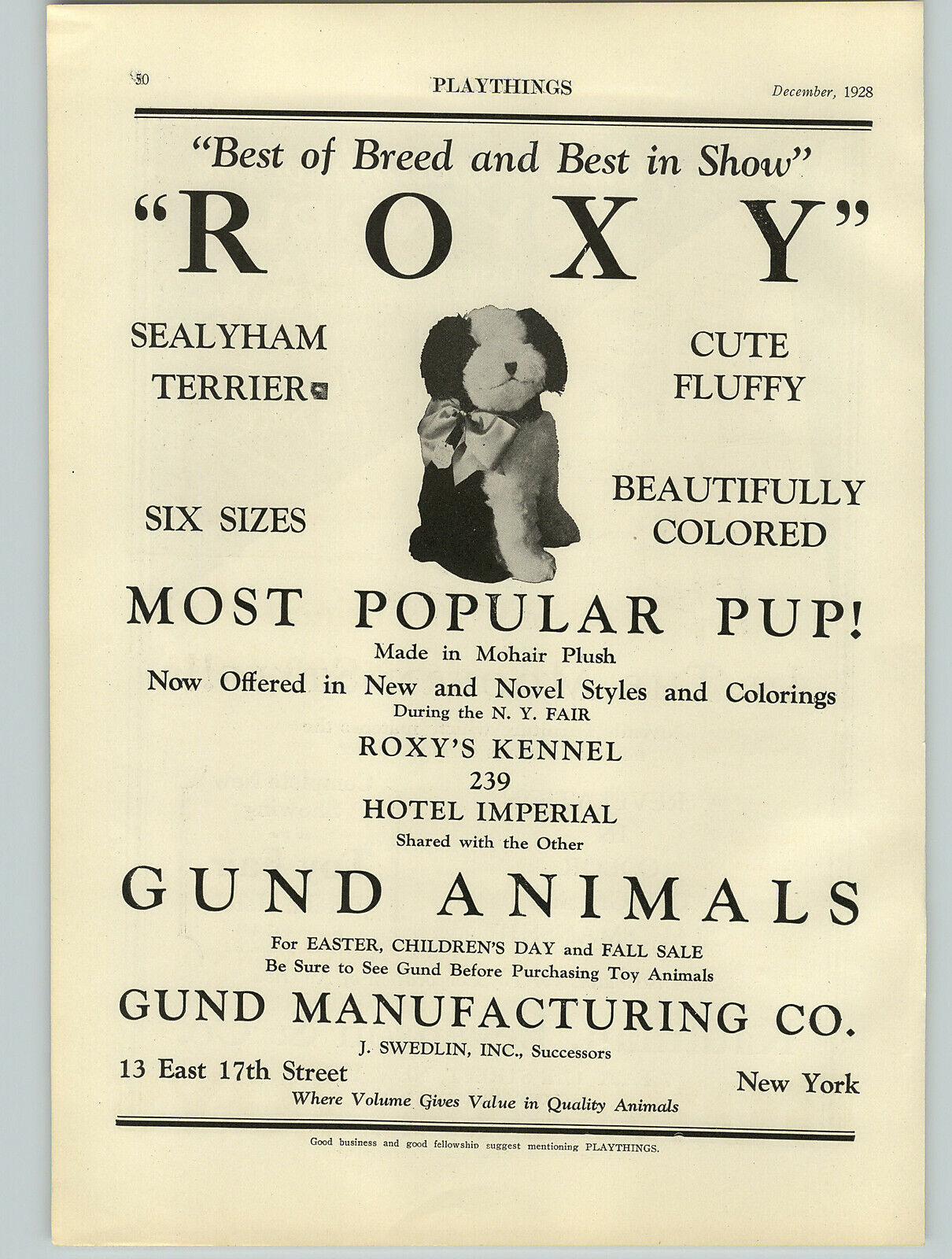1928 PAPER AD Gund Stuffed Animals Mohair Plush Roxy Dog Sealyham Terrier