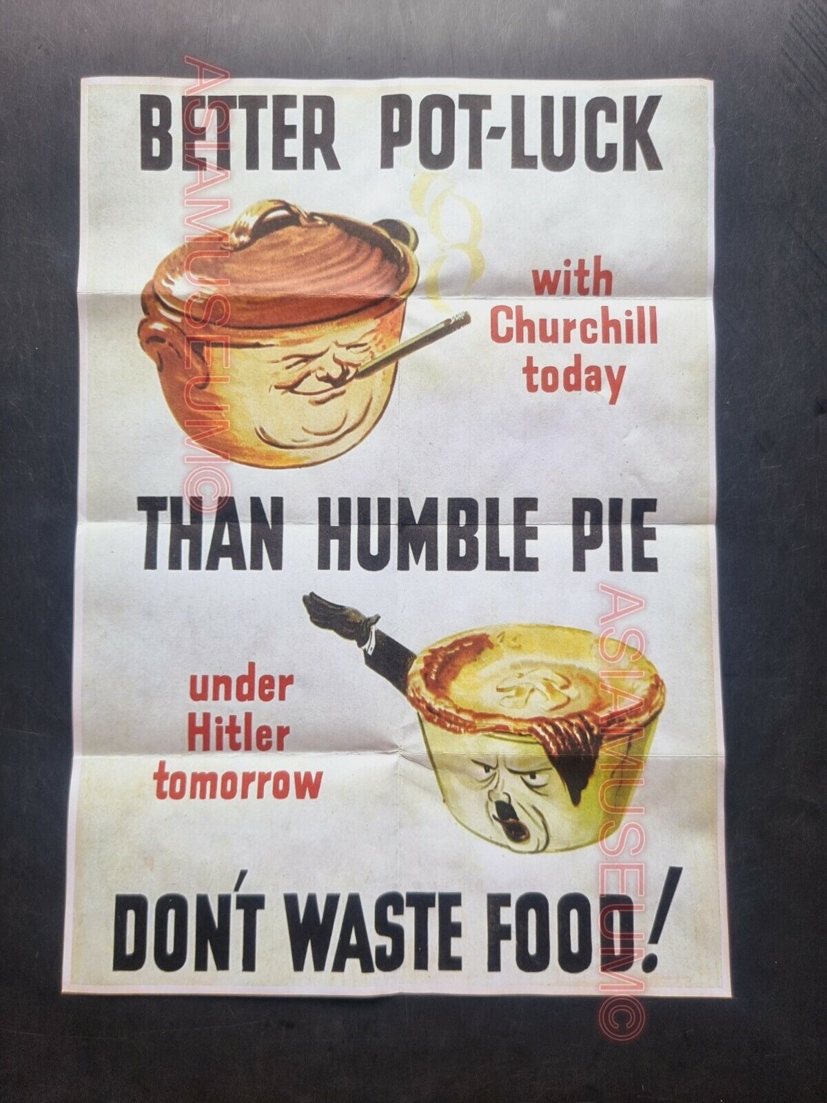 1942 WW2 USA AMERICA DON\'T WASTE FOOD POT LUCK CHURCHILL PIE PROPAGANDA POSTER