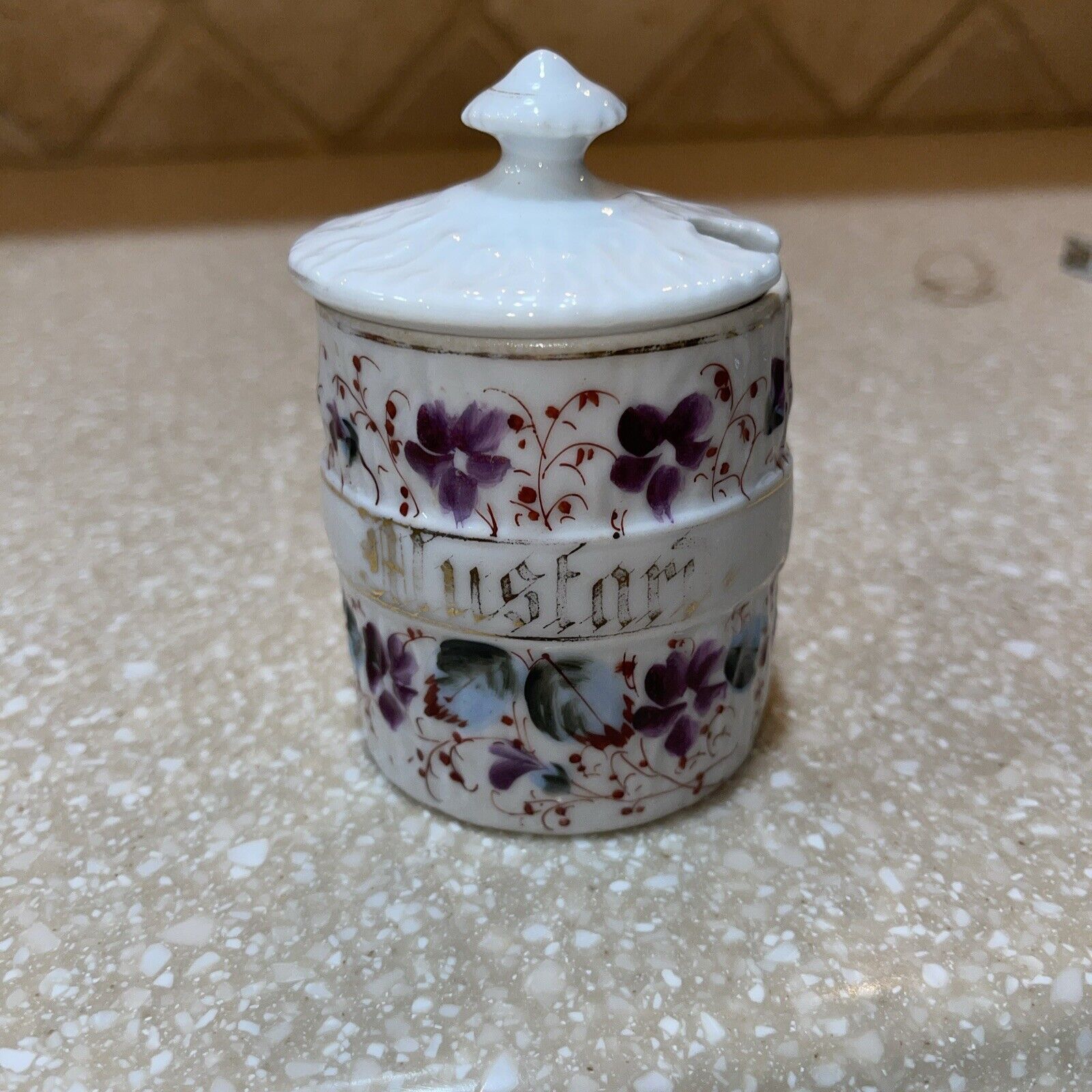 Antique Victorian Era Porcelain Mustard Jar Purple Violet Flowers