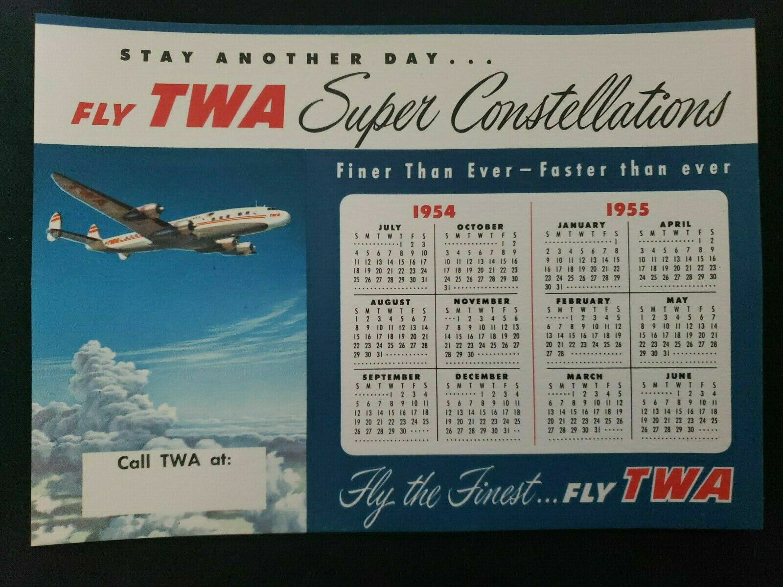 Vintage 1954 1955 TWA Super Constellations Airplane Calendar New Old Stock