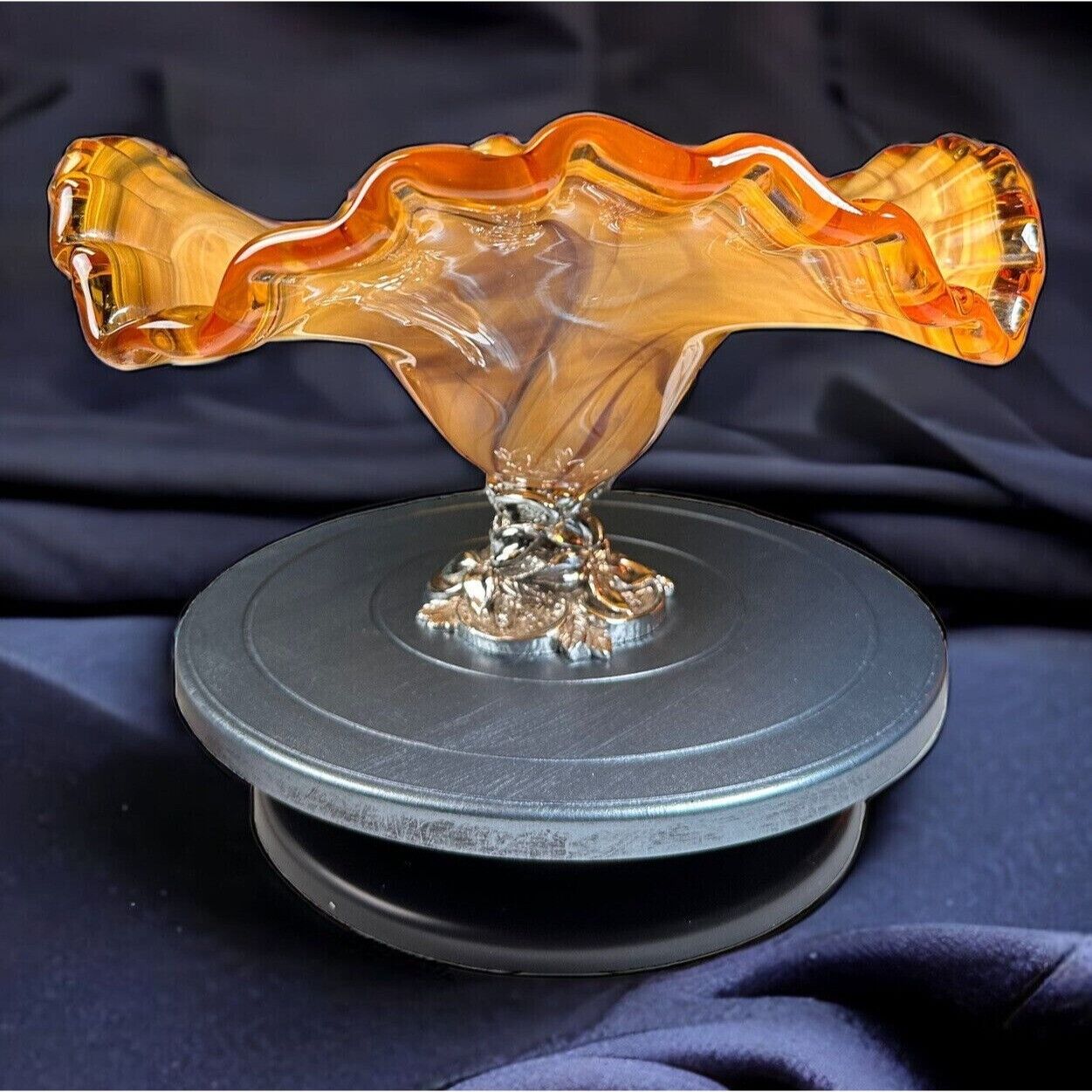 Murano Crystal Pedestal Bowl Amber / Beige Swirl Amber Fluted Edge Italy Mint Si