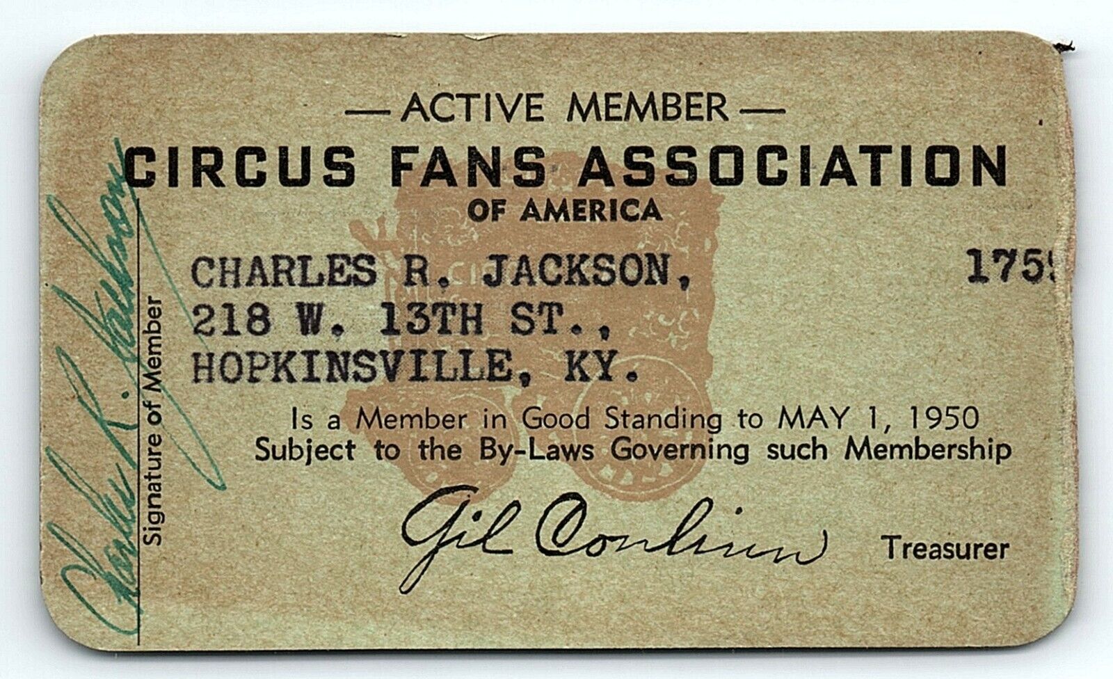 1950 CIRCUS FANS ASSOCIATION OF AMERICA MEMBERSHIP CARD CHARLES JACKSON Z1672