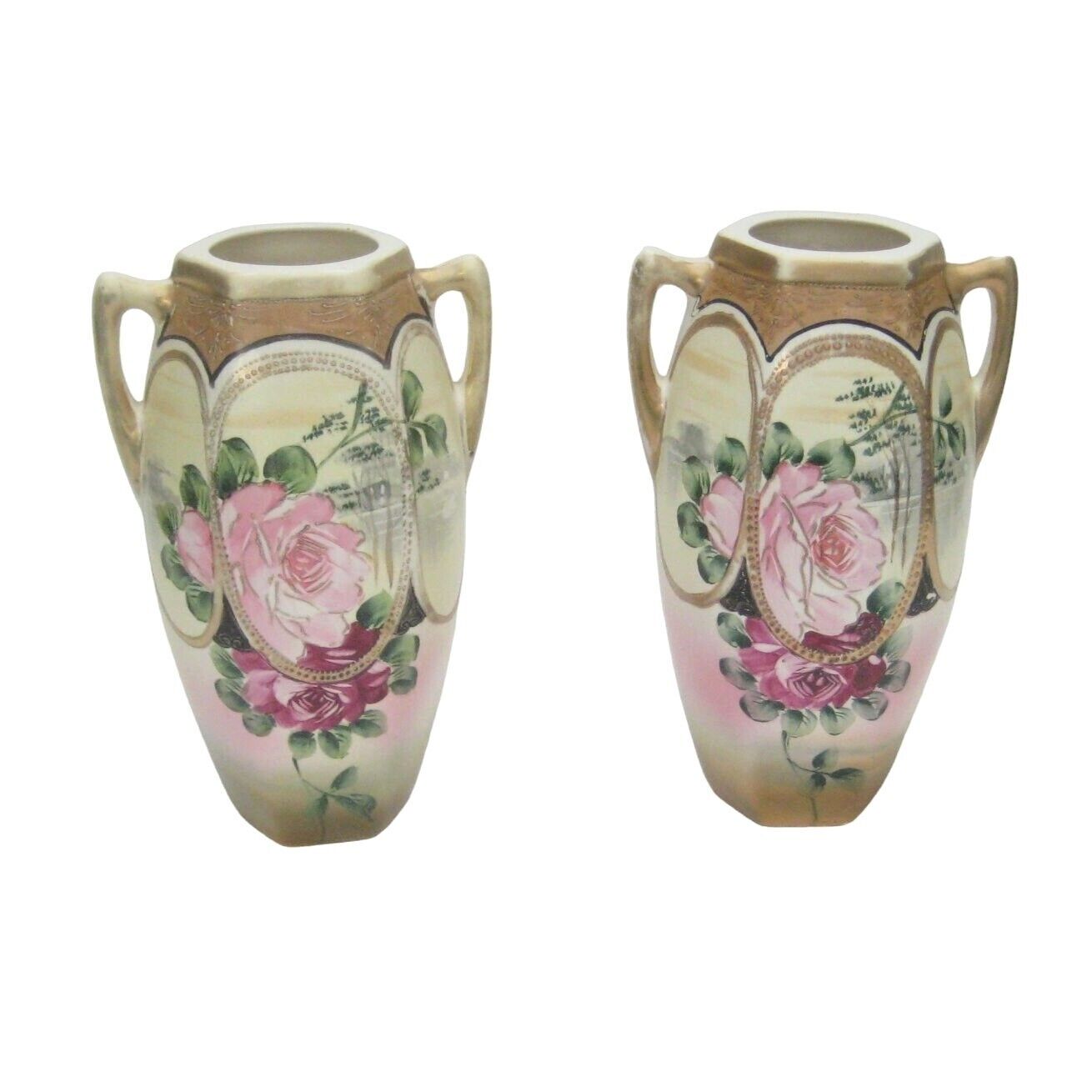 Set 2 Vintage Nippon Royal Nishiki Moriage Floral Vase Double Handle Hand Painte