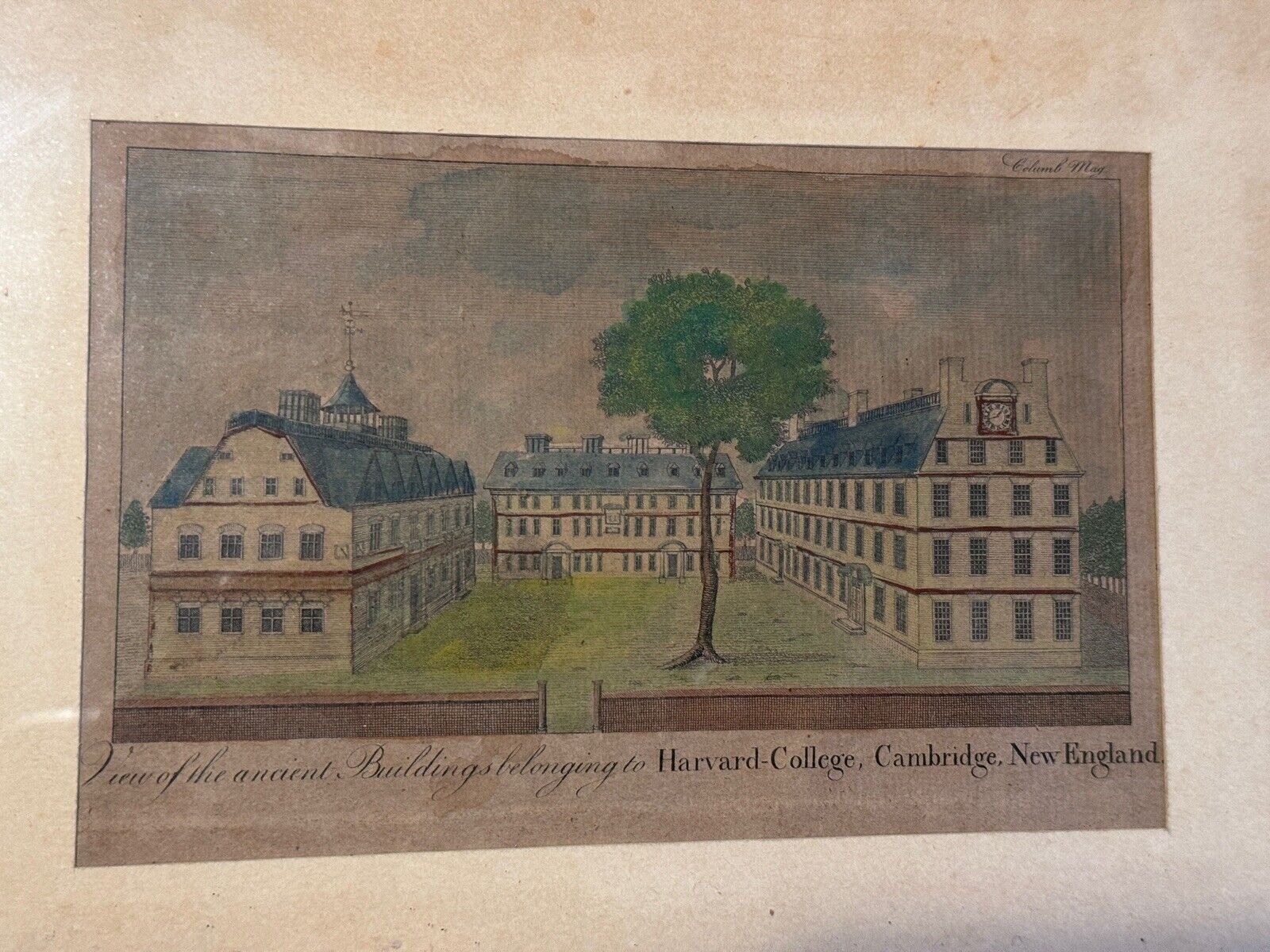 1726 view of Harvard hand tinted engraving Trenchard Columbian Magazine in 1788