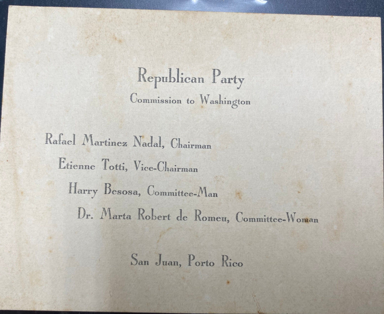 Puerto Rico, 1929, REPUBLICAN PARTY CARD, Porto Rico Commission to Washington