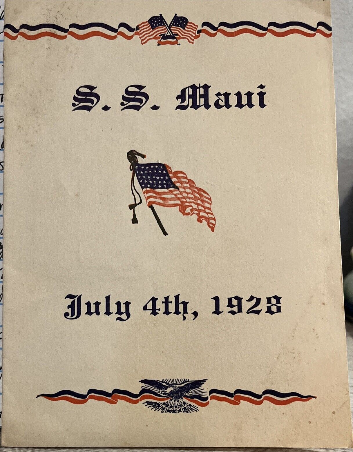 very rare patriotic color menu July 4, 1928 S.S. Maui, Matson Navigation Company
