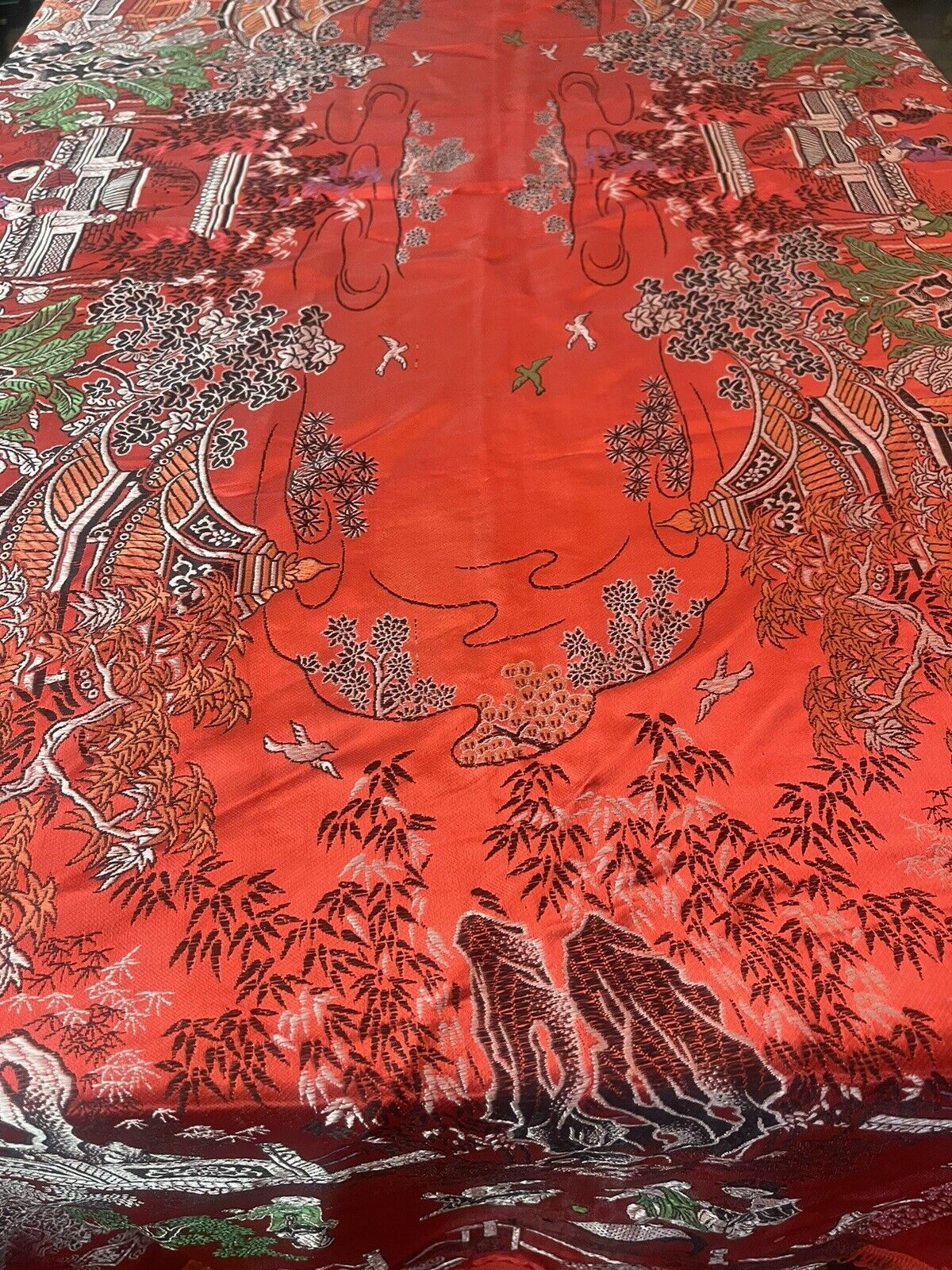 Gorgeous Vintage Chinoiserie Silk Satin Wall Hanging Tablecloth 50”x90”