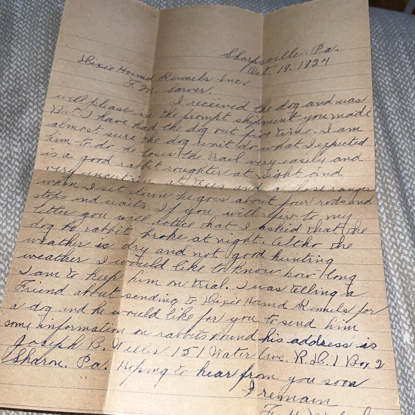 1934 Sharpsville PA Letter to Dixie Hound Kennel on Rabbit Hunting Dog Issue