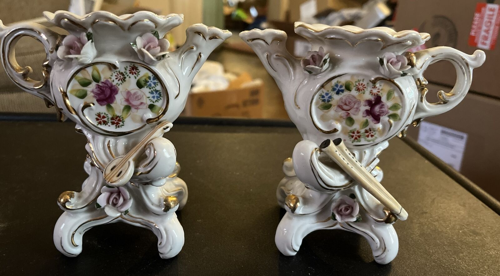 Vintage UCAGCO Porcelain Hand Painted Applied Flower Gilded Pitcher Vase -X2