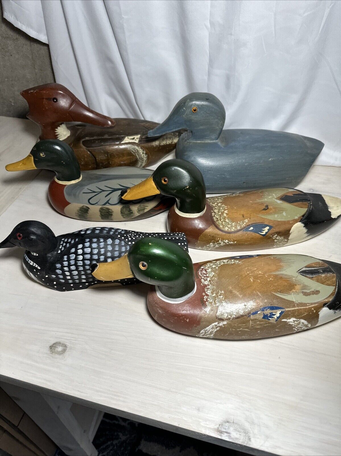 Lot Of 6 Hand Painted Wood Duck Decor Figures 10-13” Long