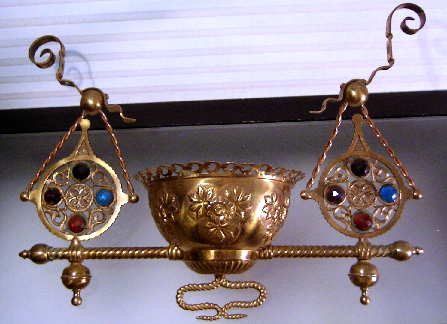 Antique Victorian Gothic Hanging Parlor Oil Lamp Part Ornate Jeweled Brass Frame