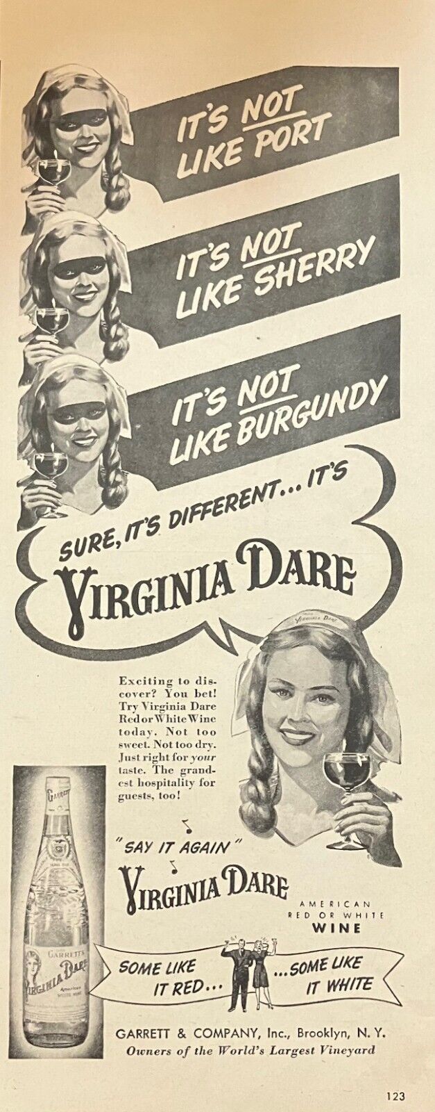 Rare 1940s Vintage Original Virginia Dare White and Red Wine Advertisement Ad