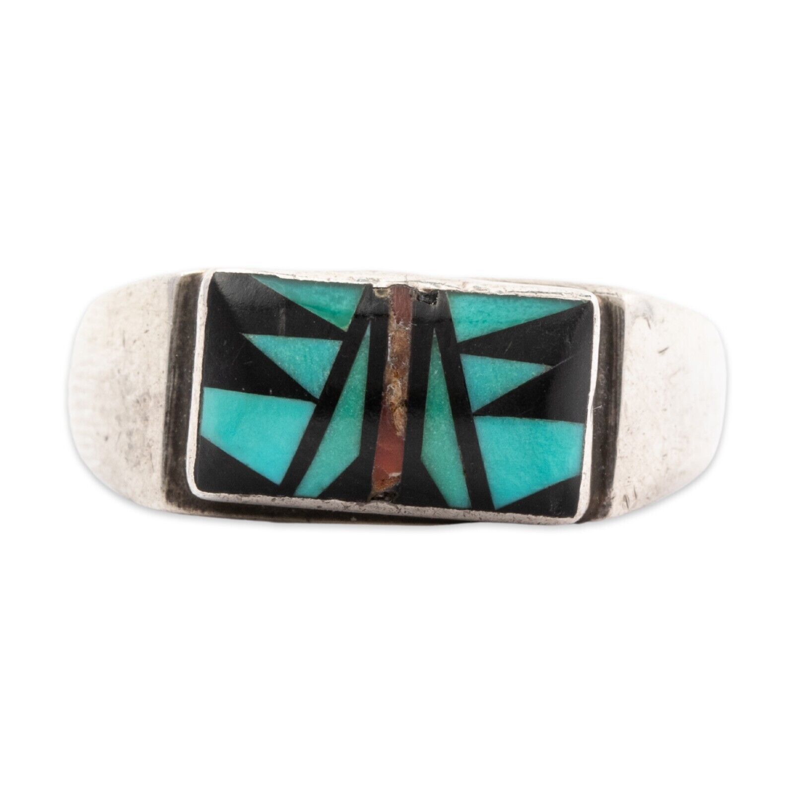 LARGE NATIVE AMERICAN STERLING SILVER TURQUOISE CORAL ONYX INLAY RING 13