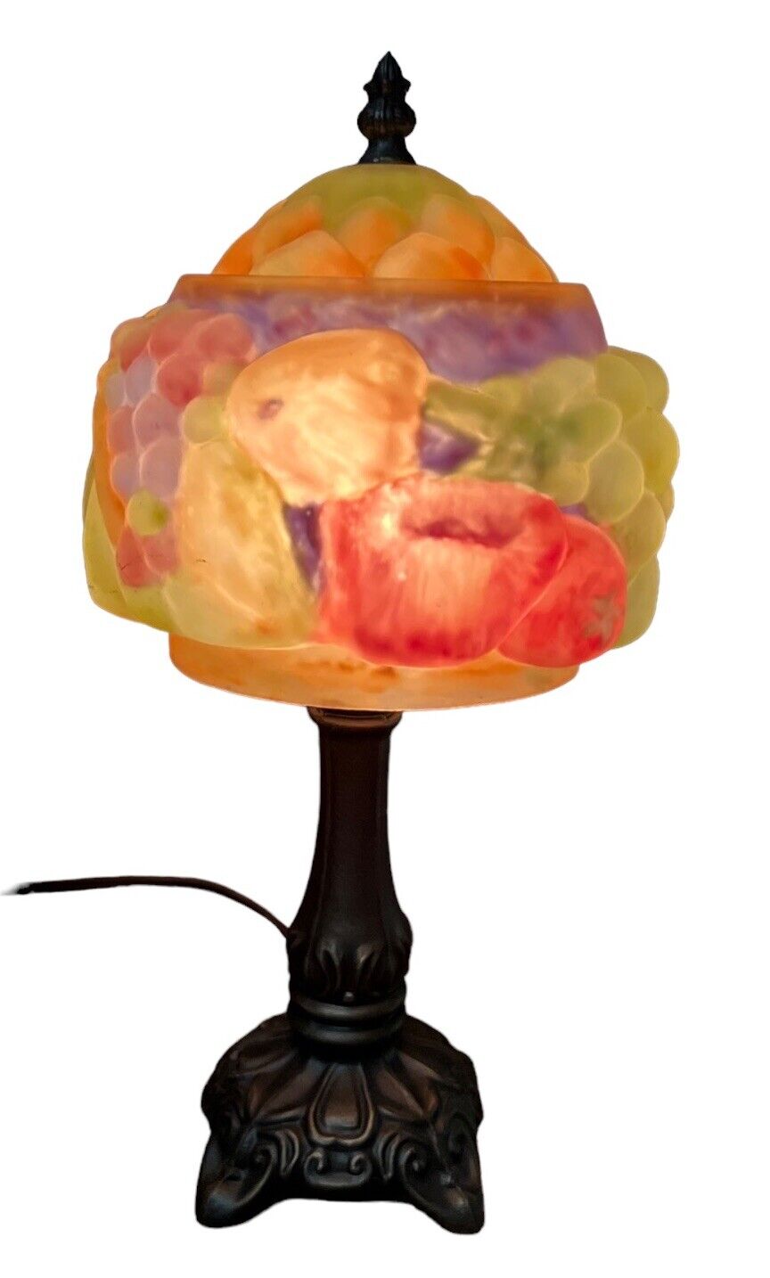 Antique Reverse Painted Table Lamp Puffy Pairpoint Style Fruit 16