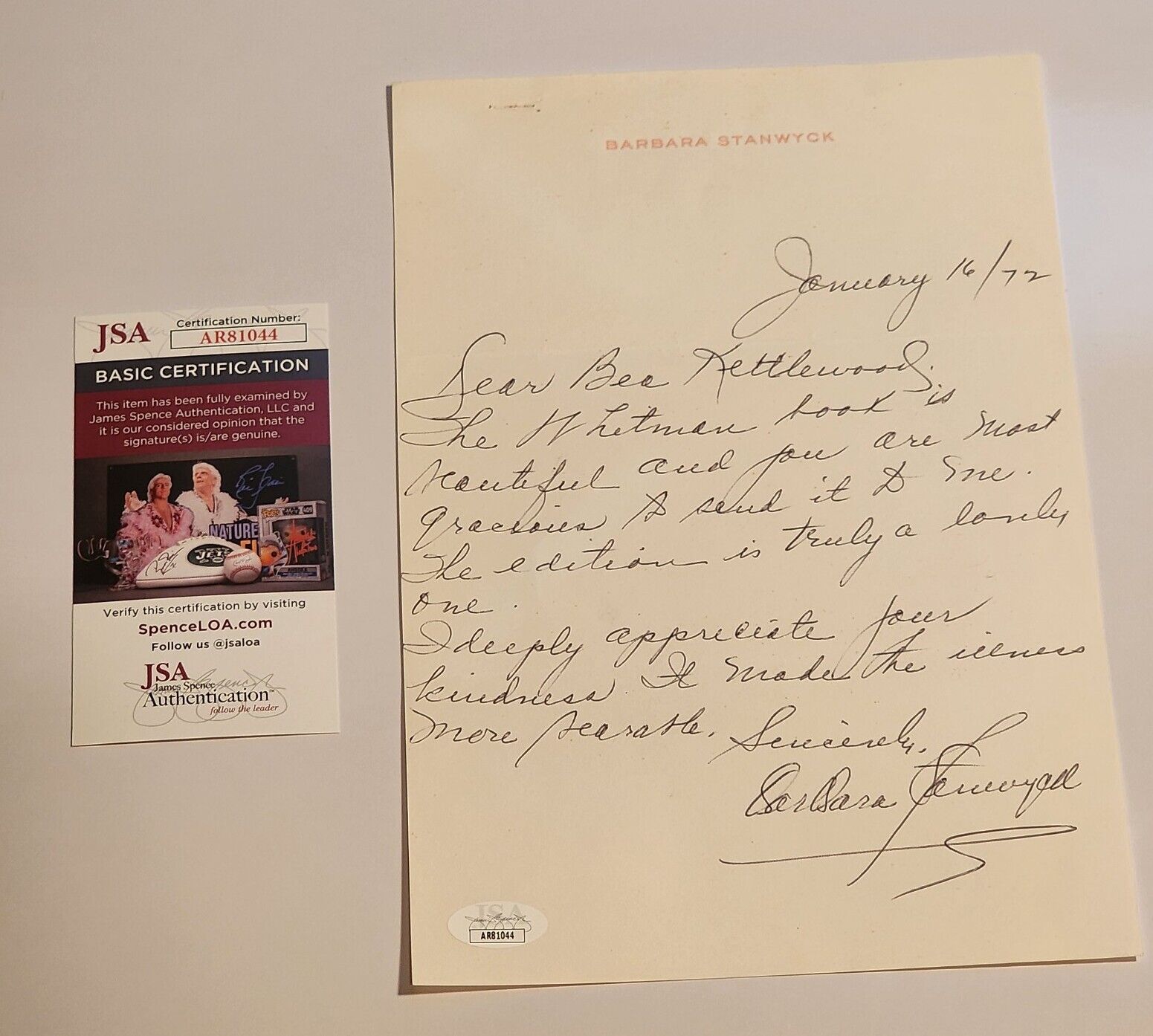 Barbara Stanwyck Handwritten Signed Letter JSA COA Autograph Auto Actress