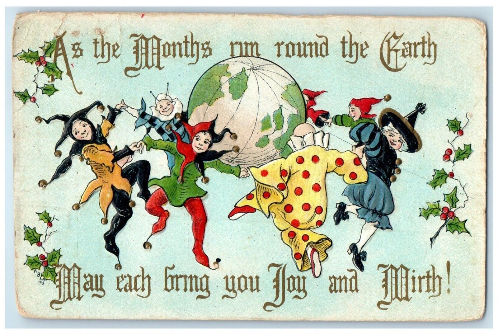 c1910\'s Christmas Jester Clown Playing Globe Embossed Brownville NY Postcard