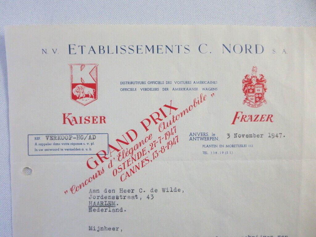 1947 Kaiser Frazer Belgian Distributor Dealer Letter Letterhead Document 