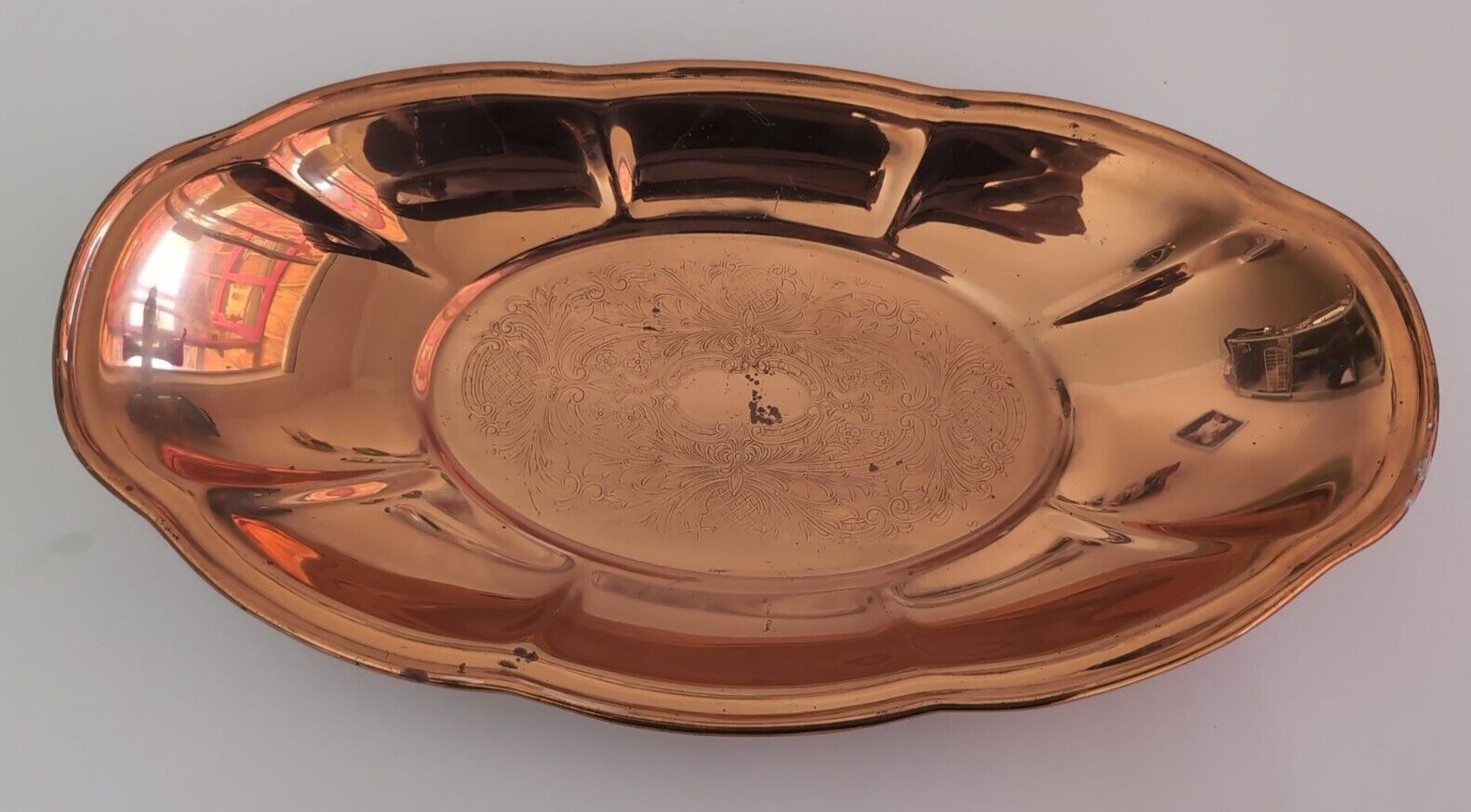 Vtg Coppercraft Guild Ornate Etched Oval Oblong Tray Bread Bowl Solid Copper