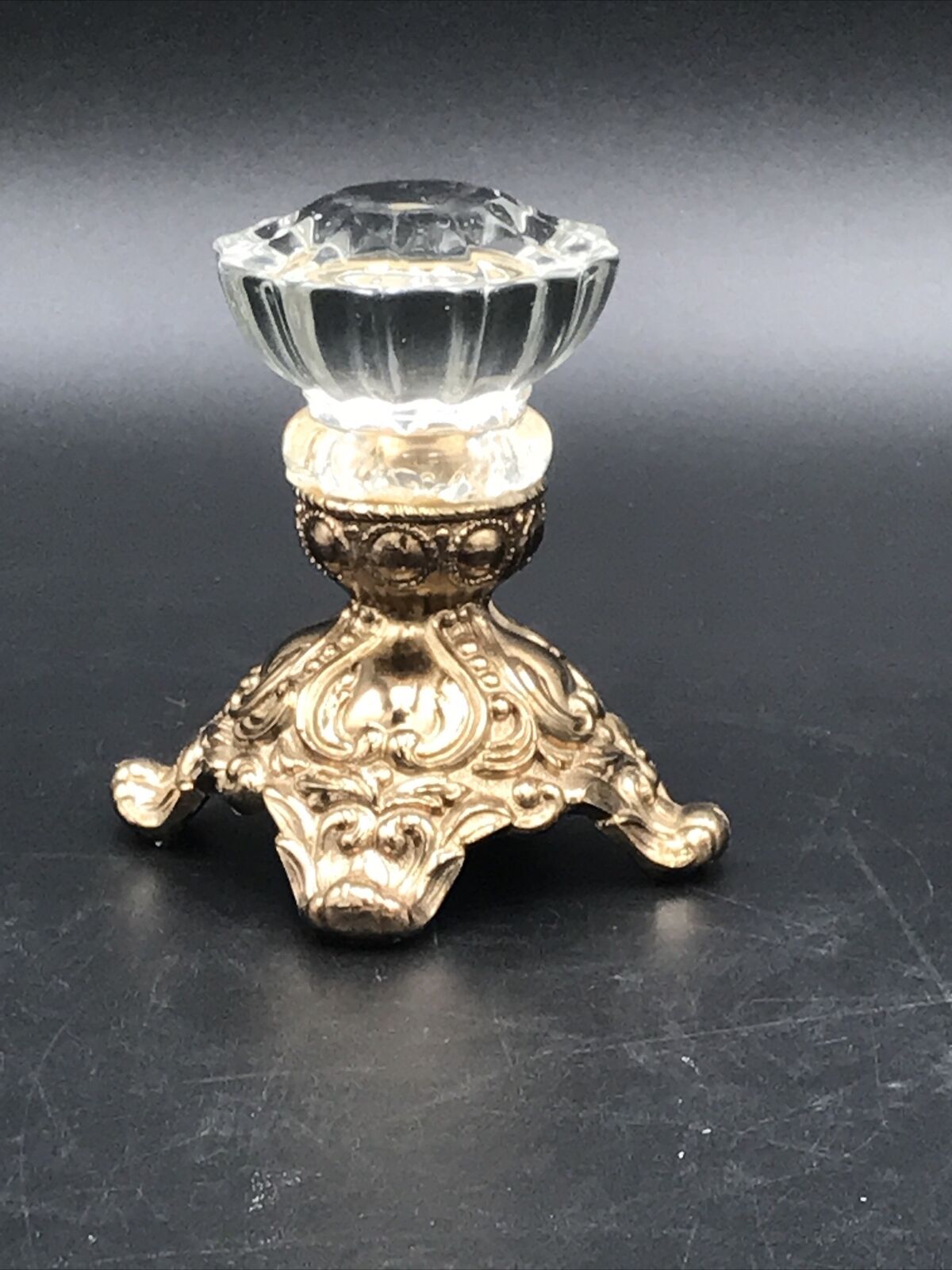 Vintage Round Crystal Knob W/ Brass Pedestal Unmarked.  SEE PICS FOR CLOSEUP.