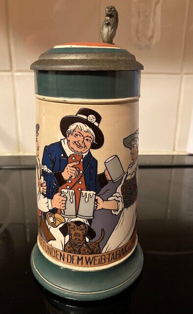 Antique Mettlach V&B Stein #3251 “Drinkers” Pottery etched, 0.5L, inlaid Lid