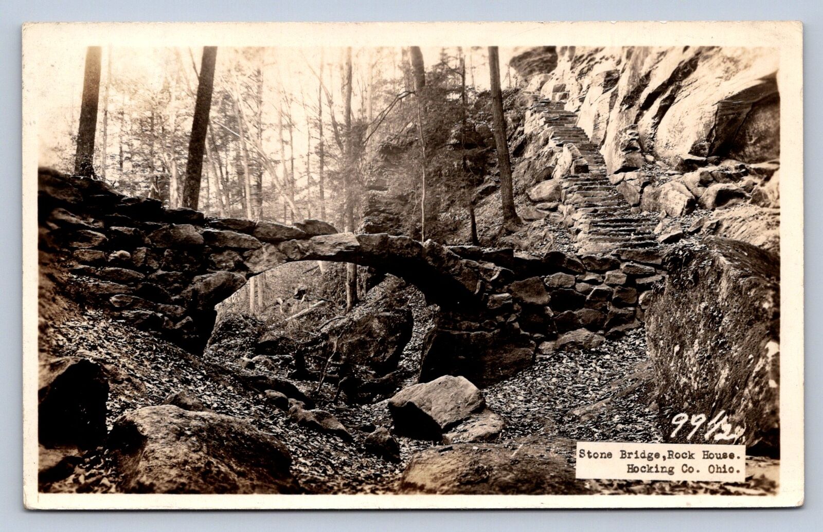 K2/ Logan Ohio RPPC Postcard c1940s Hocking Hills Rock House Bridge 212