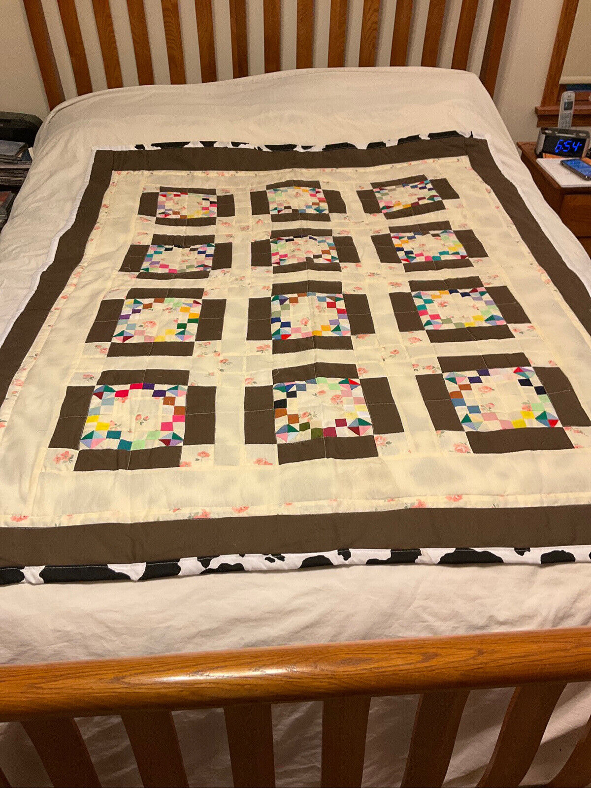 Vintage Handmade Machine Stitched Patchwork Quilt with Cow Print Backing