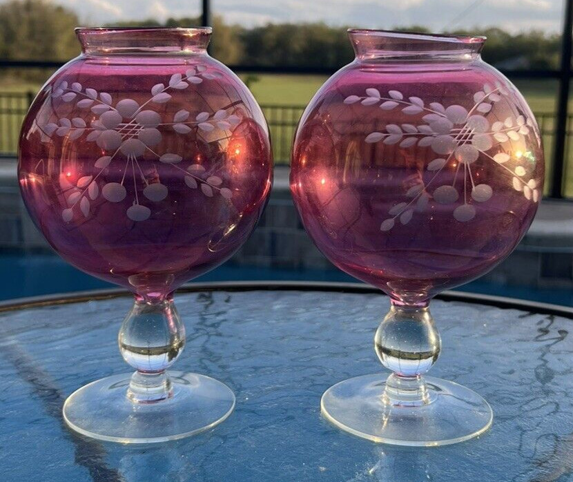 2 Vintage Cranberry Glass Globe Rose Etched Pedestal Vase Compote Ball Bowl 8\