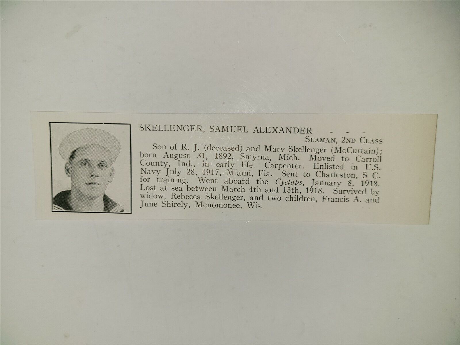 Samuel Skellenger Smyrna Michigan USS Cyclops Navy 1921 WW1 Hero Panel