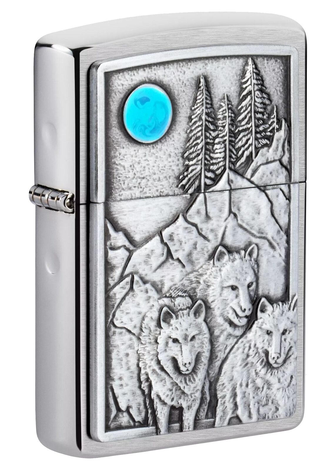 Zippo Wolf Pack and Moon Emblem Brushed Chrome Windproof Lighter, 49295