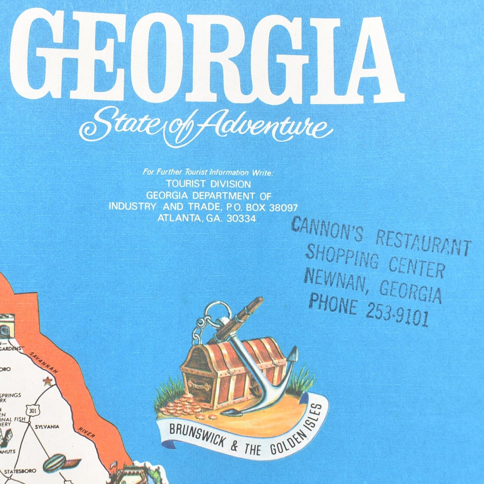 1960s Cannon's Restaurant Shopping Center Restaurant Placemat Newnan Georgia