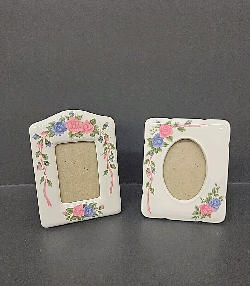 2 Vtg Ceramic Picture Frame Floral Rose Victorian Shabby Chic Cottage Core 