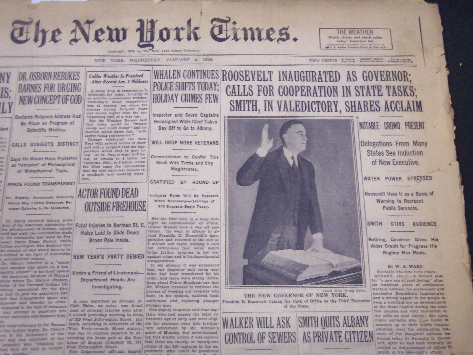 1929 JANUARY 2 NEW YORK TIMES - ROOSEVELT INAUGURATED AS GOVERNOR - NT 5276