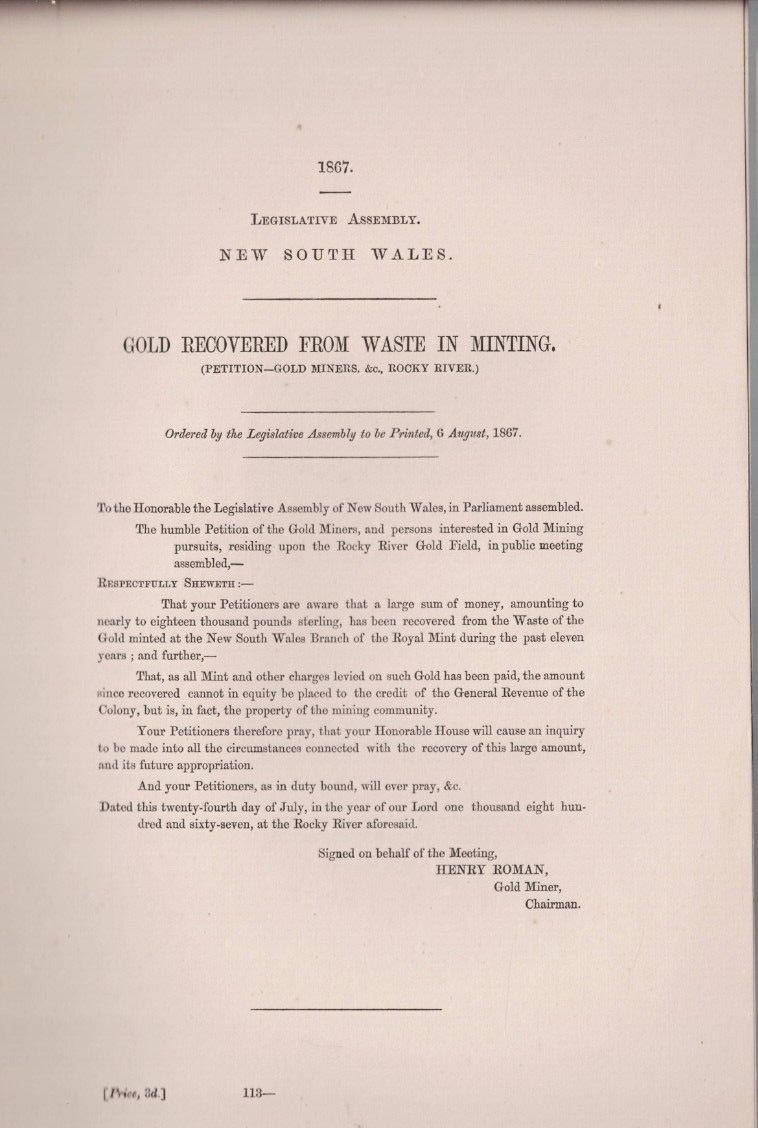 AUS PARLIAMENT PAPERS ,NSW 1867 , GOLD RECOVERED FROM WASTE IN MINING