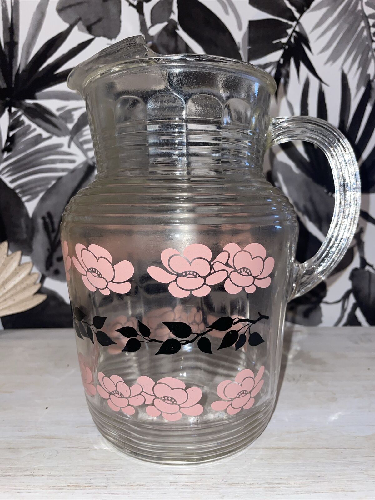 Hazel Atlas Vintage Clear Glass 7” Pitcher with Pink Flower Black Leafe Design