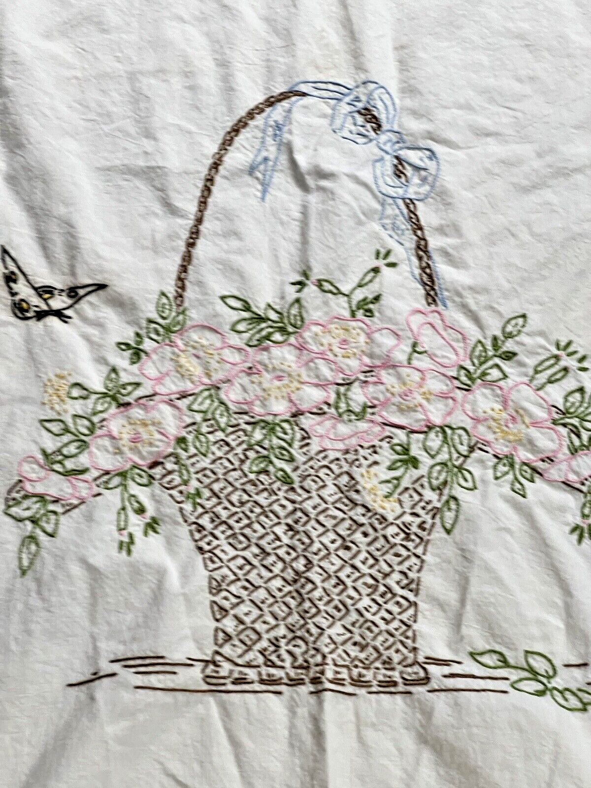 Vintage Embroidered Coverlet Flower Basket Bedspread 80x74 Cutter