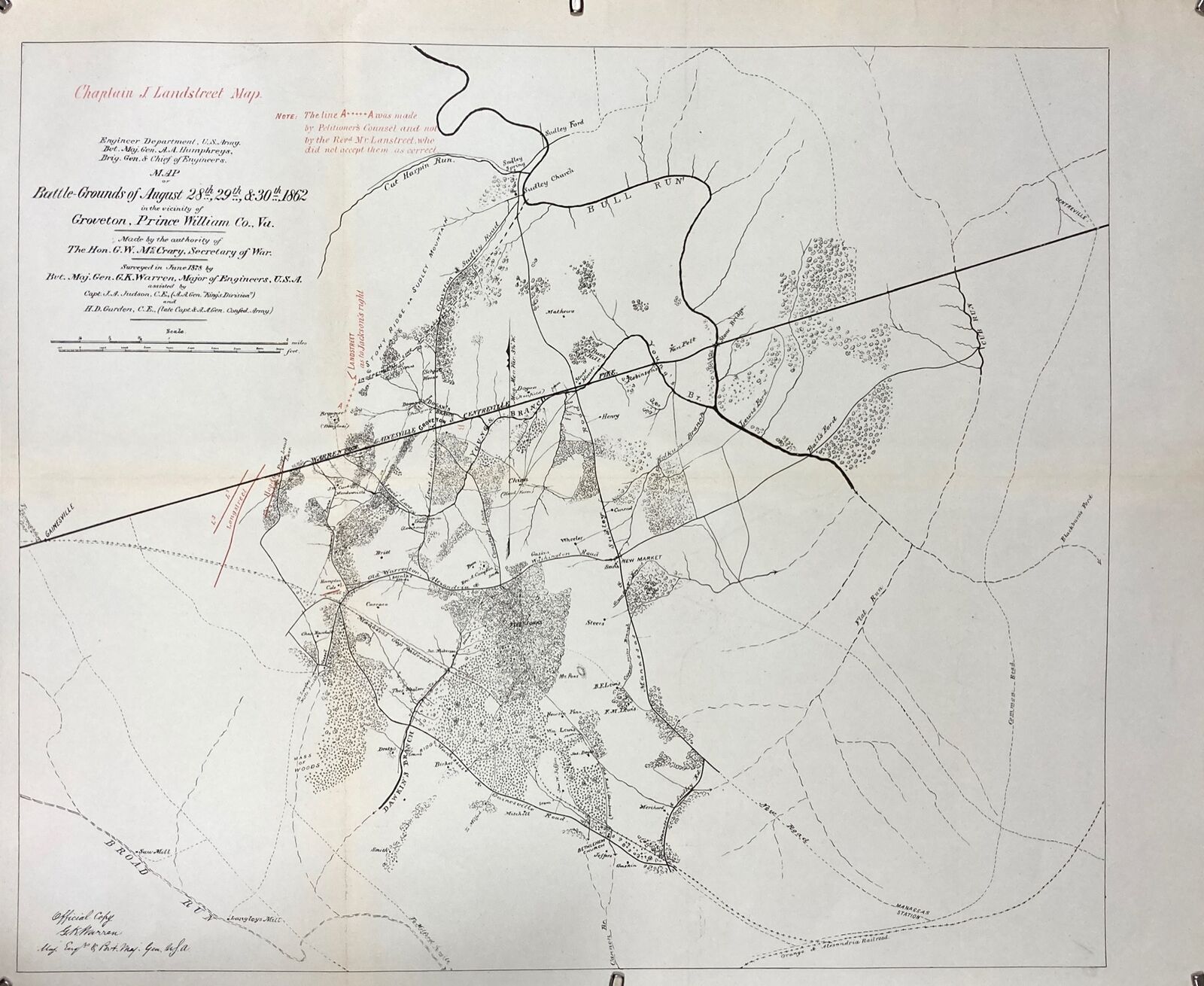 1878  CIVIL WAR Map of battle-grounds August 1862 Virginia Court Martial RARE