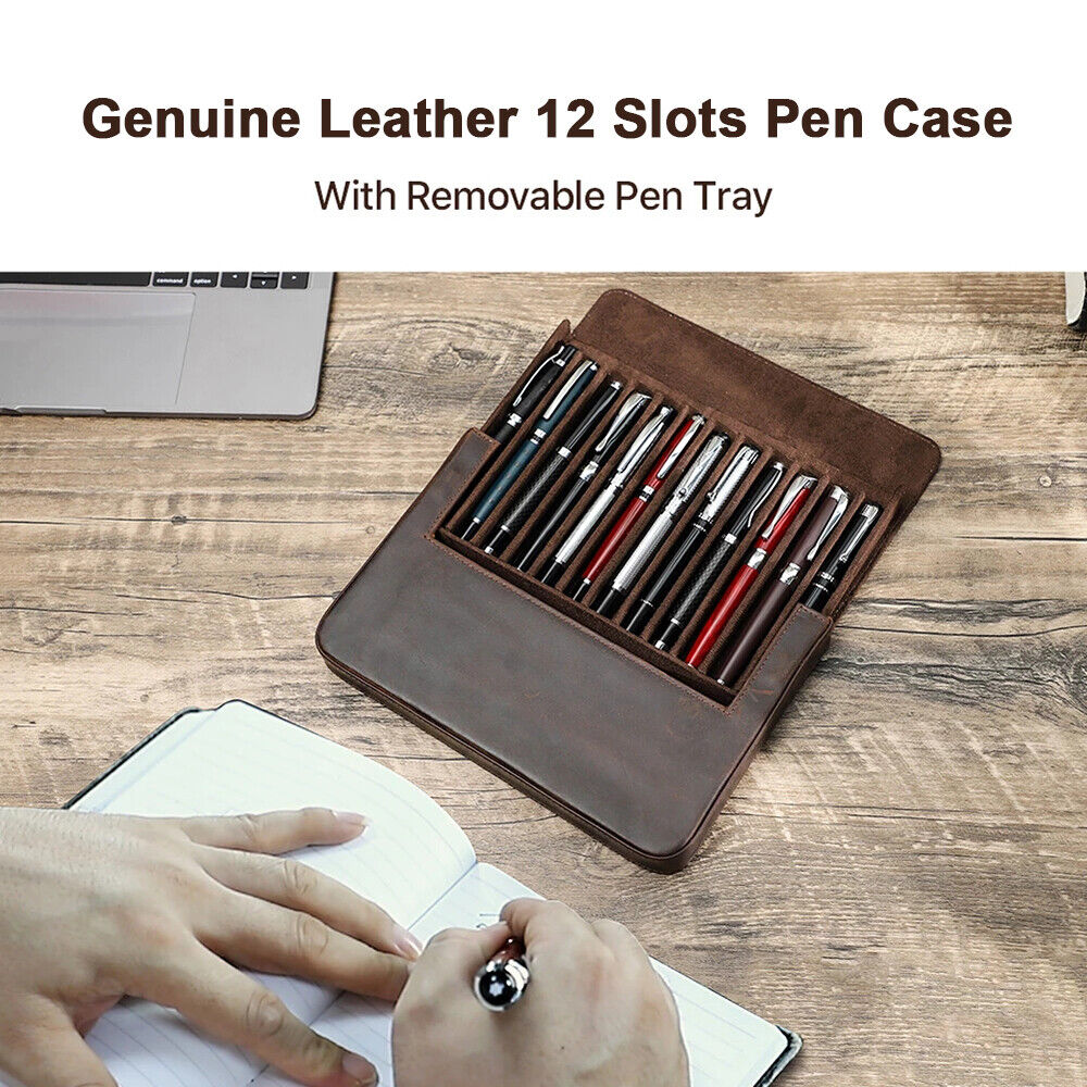 12 Slots Genuine Leather Pen Case Removable Pen Tray Holder Pencil Organizer Bag