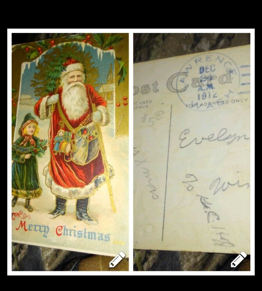 Christmas ~ OLD WORLD SANTA CLAUS RED ROBE VICTORIAN GIRL TOYS Postcard 1912