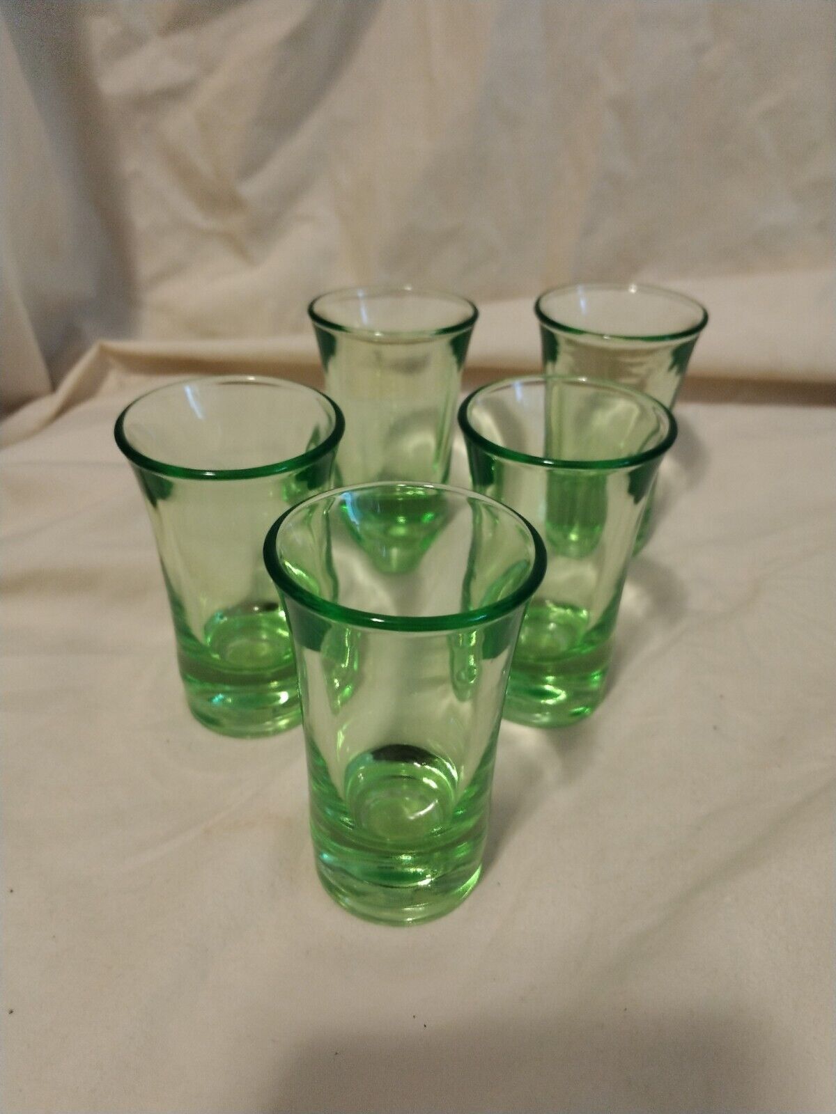 Vintage Green Depression Glass Shot Glasses Set of 5 Thick Bottom Very Nice 