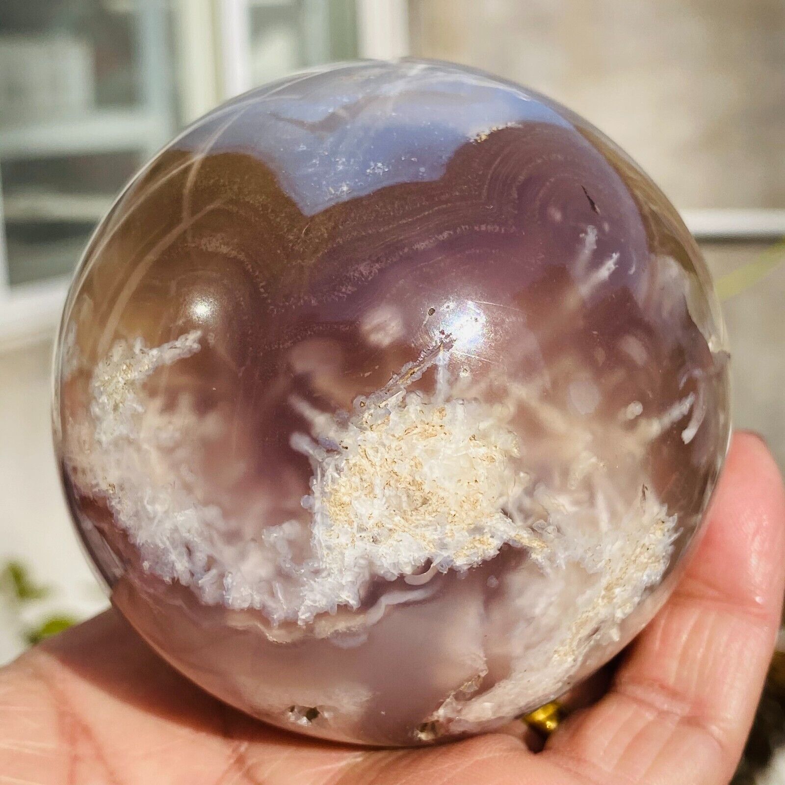 597g Large Chalcedony Quartz Banded Agate Crystal Sphere Palm Stone