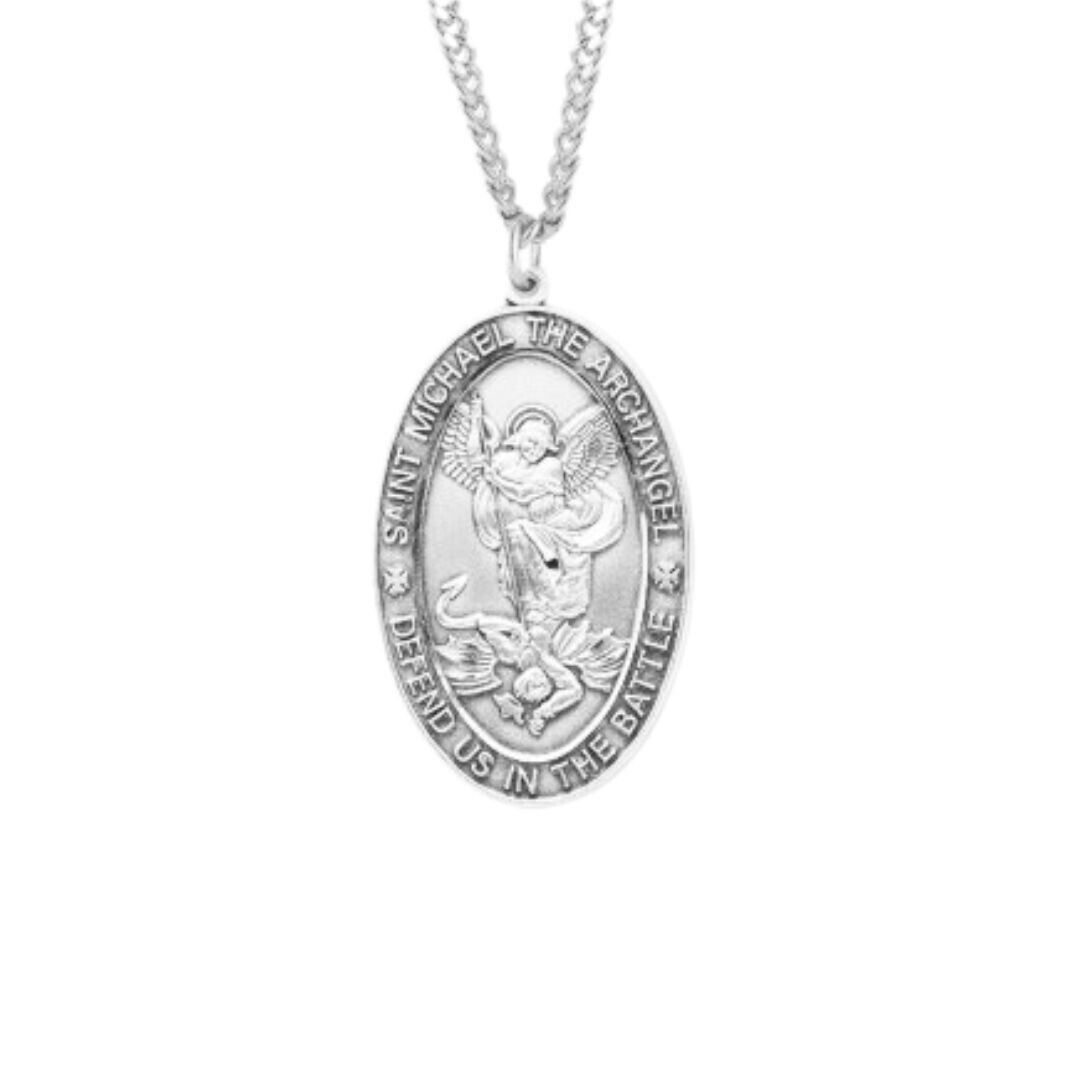 Silver Tone Archangel Saint Michael Oval Sterling Silver Medal on 24 Inch Chain