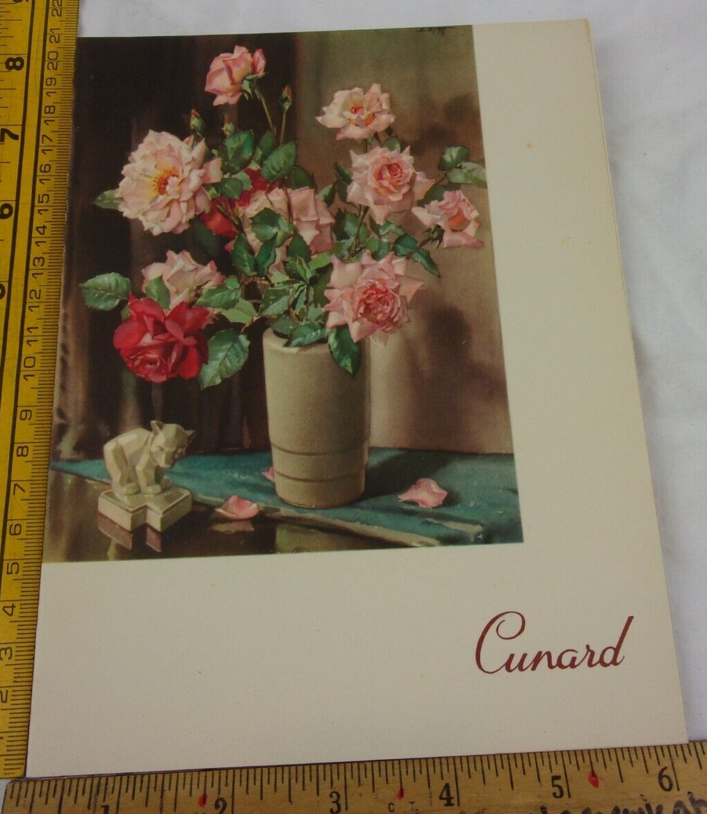 1961 RMS Ivernia Cunard Cruise Line menu 7/10/1961 pink roses