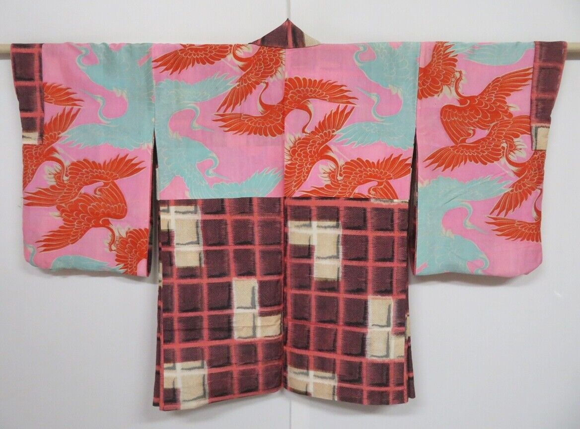 1217N01z450 Vintage Japanese Kimono Silk MEISEN HAORI Coral pink Block