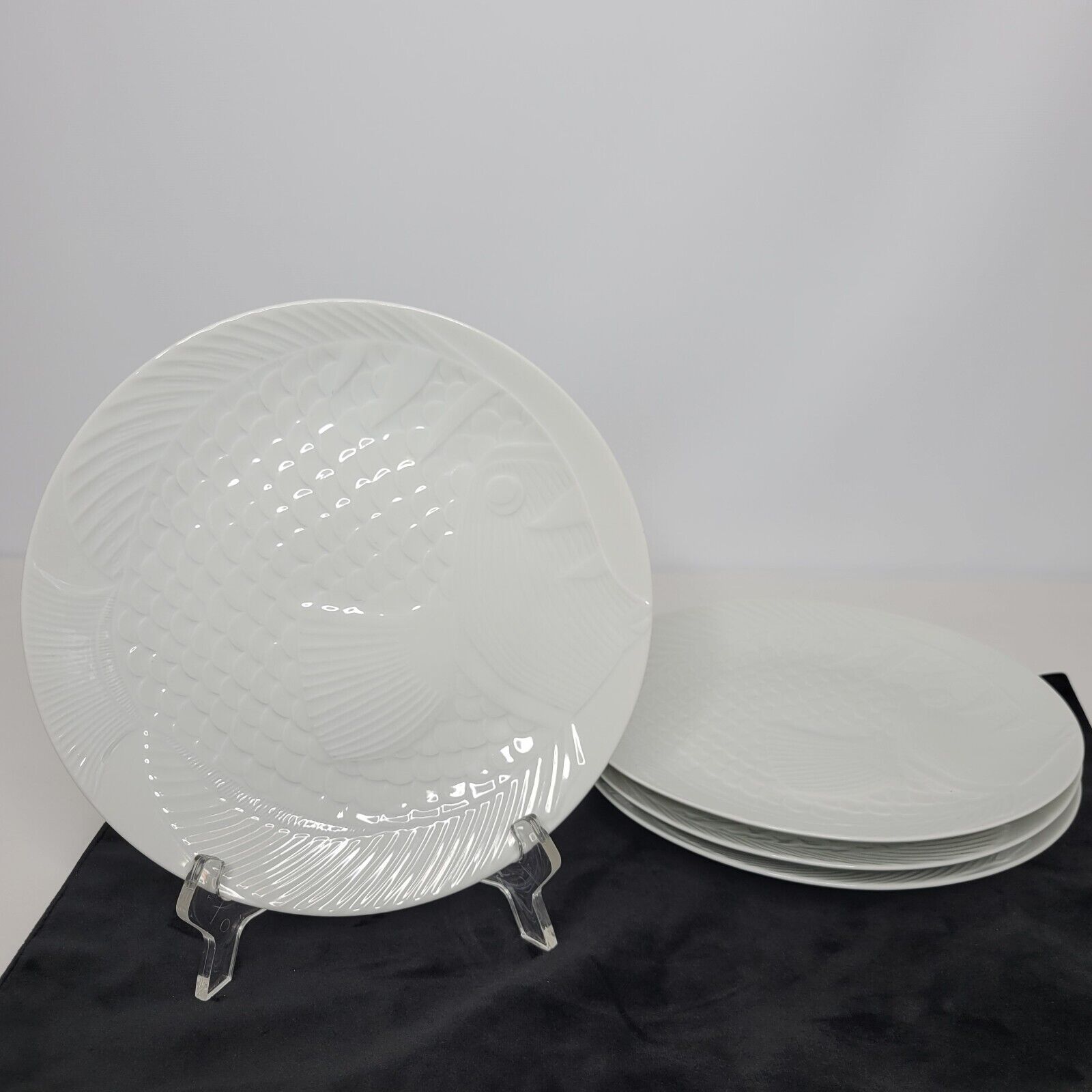 Set of 4 Dansk International Designs France Embossed Fish White Porcelain Plates