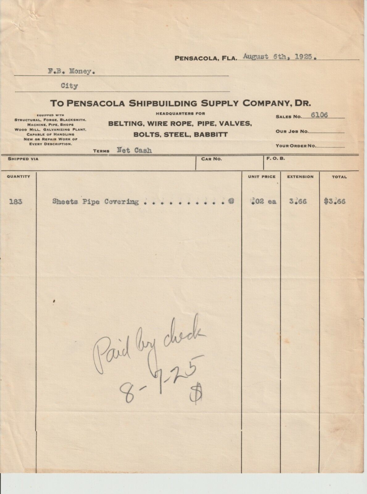 Pensacola shipbuilding co of Florida Antique Letterhead Bill Check 1920s FL 6