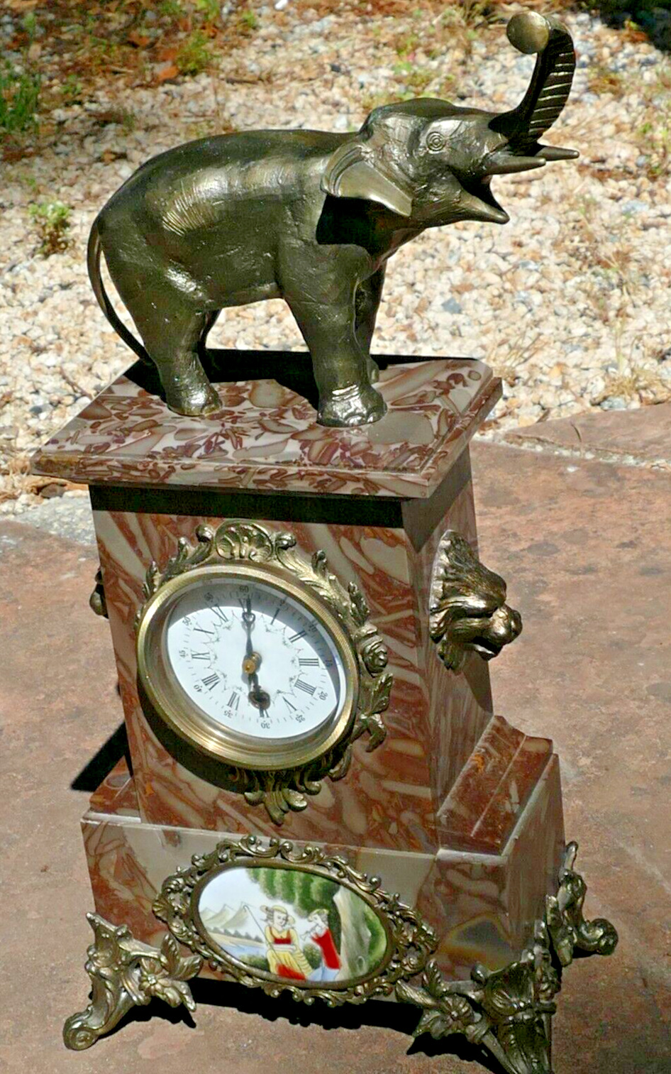 Bronze Elephant Marble Base Mantel Clock  - not running Victorian - display only