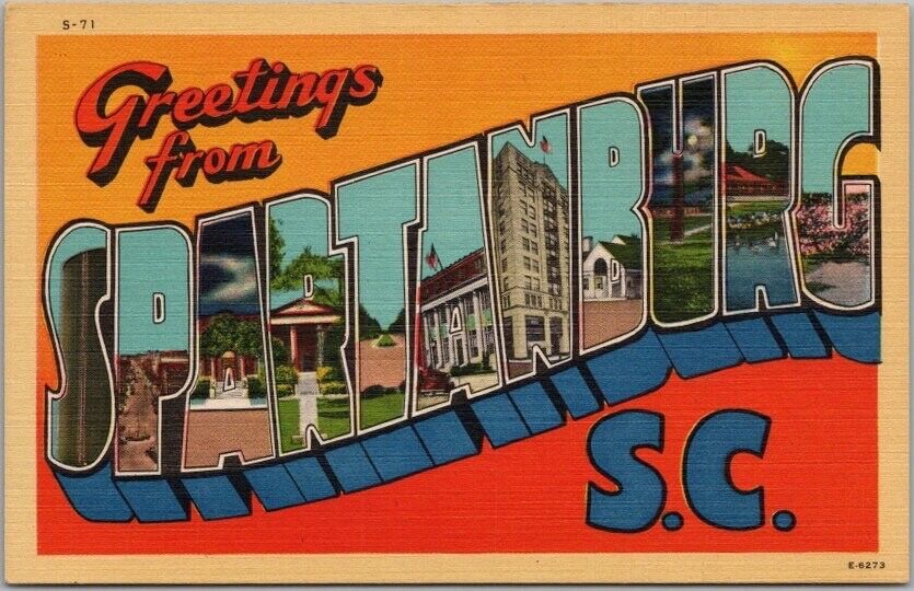 SPARTANBURG, South Carolina Large Letter Postcard Asheville Linen c1940s Unused