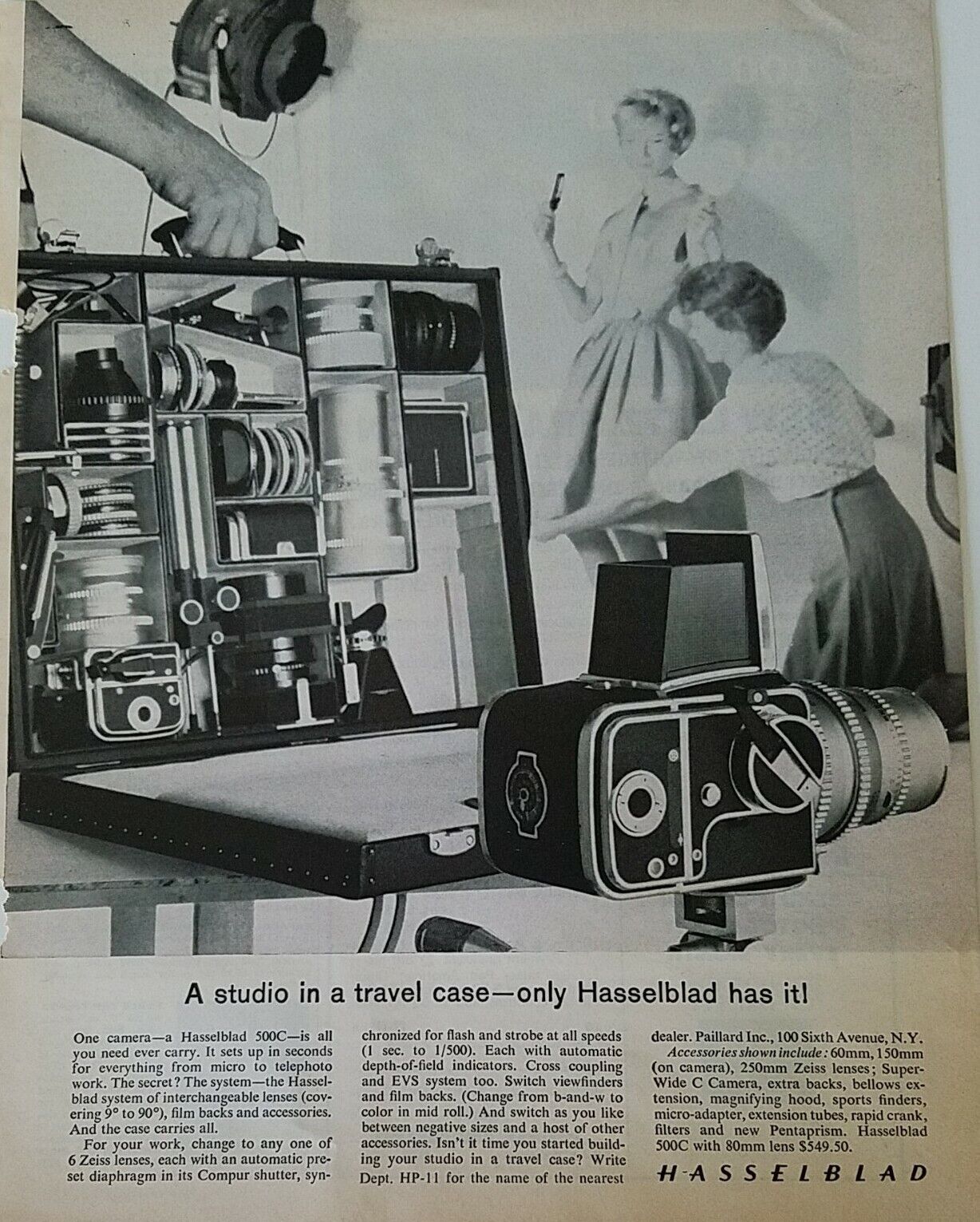 1960s Hasselblad 500C camera system studio in a travel case vintage ad